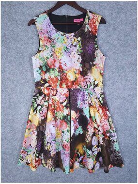 Betsey Johnson Floral Scuba Skater Dress 12 Dark Floral Maximalist Party Dress